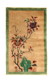 Antique Chinese decorative rug, 59x37 inches, featuring intricate beige and olive green patterns.